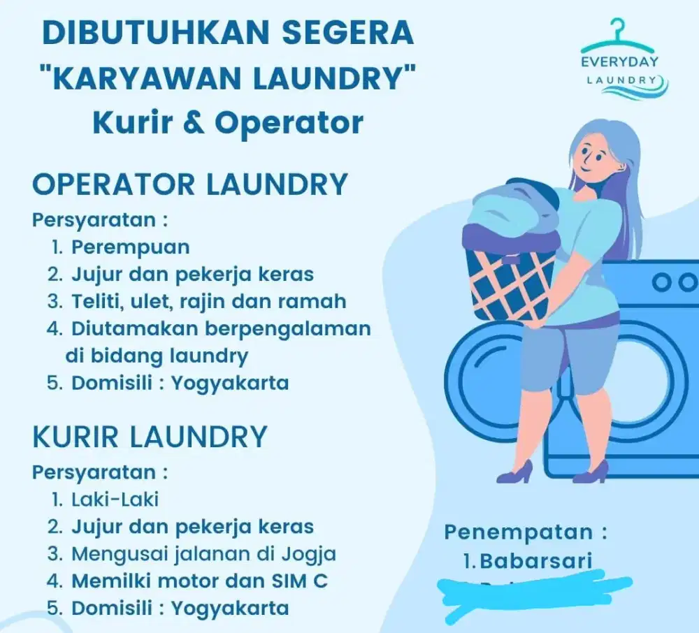 LOWONGAN KERJA OPERATOR  DAN KURIR LAUNDRY