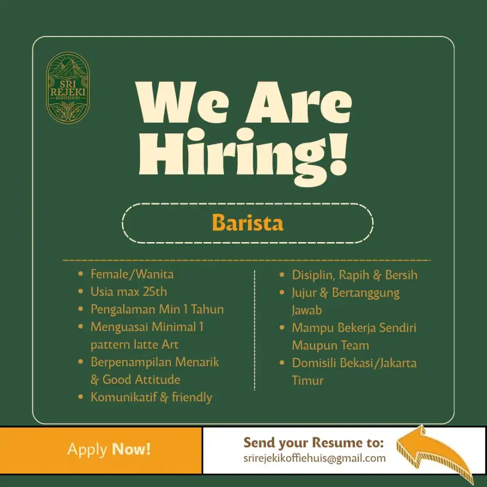 Lowongan Barista Area Bekasi / Jakarta Timur