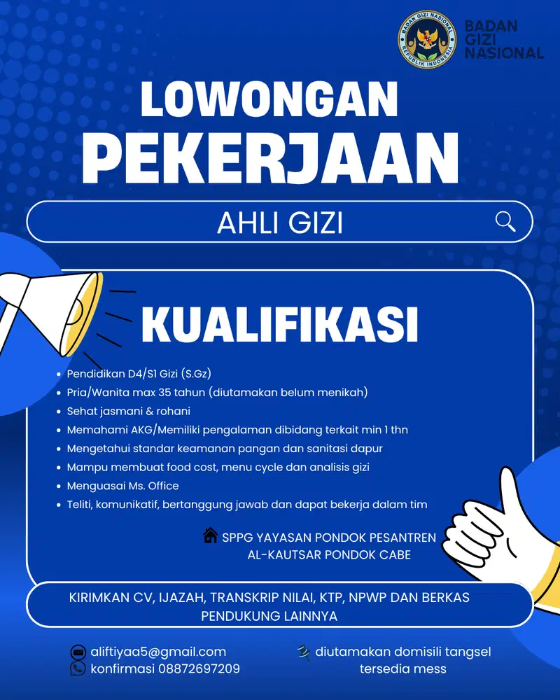 LOWONGAN AHLI GIZI SPPG YAYASAN PONDOK PESANTREN AL-KAUTSAR
