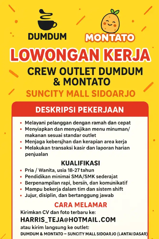 Lowongan kerja untuk crew outlet fnb