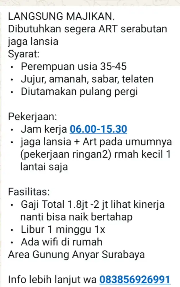 Lowongan kerja pembantu rumah tangga