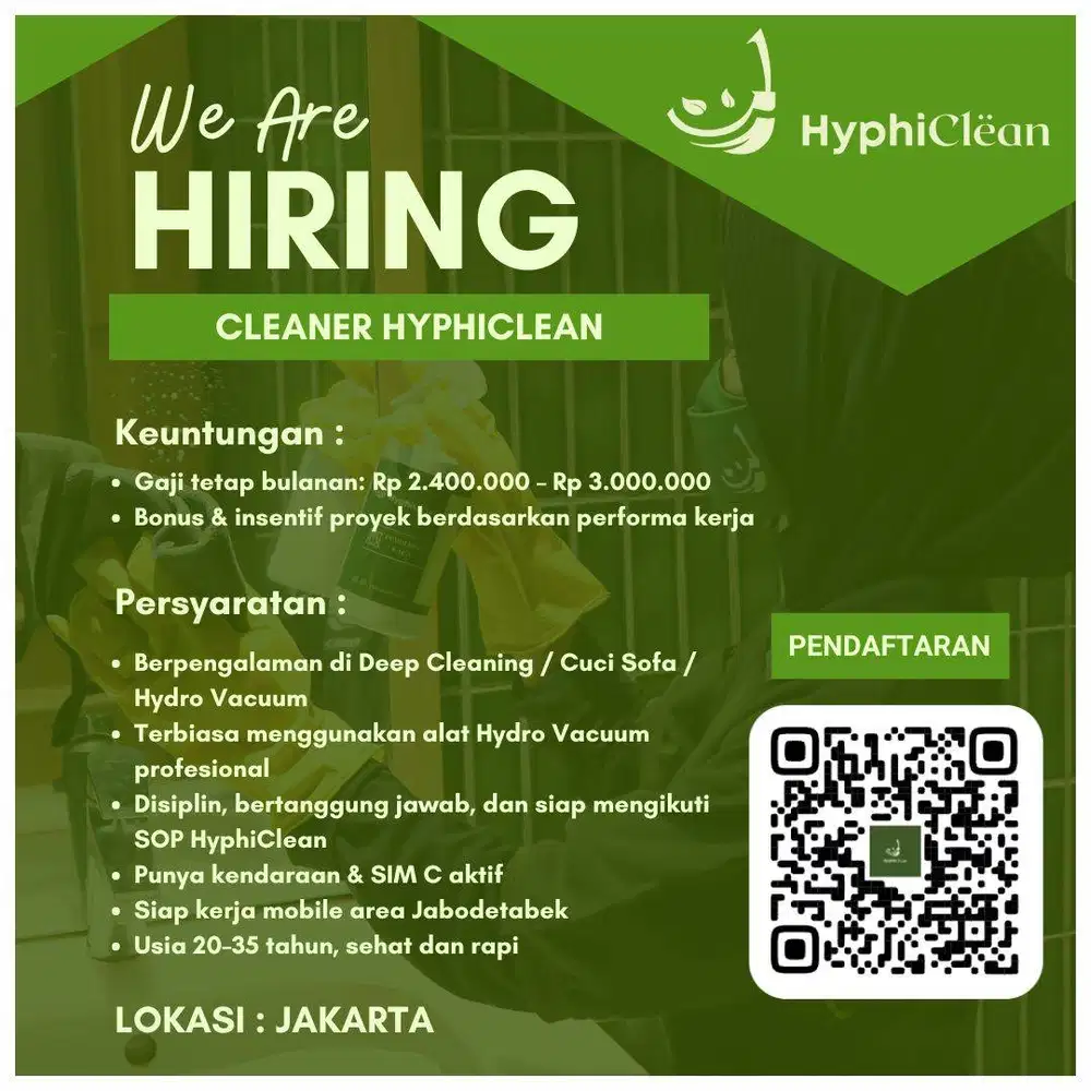 Dibutuhkan Karyawan Home Cleaning / Cuci Sofa / Deep Cleaning / Hydro