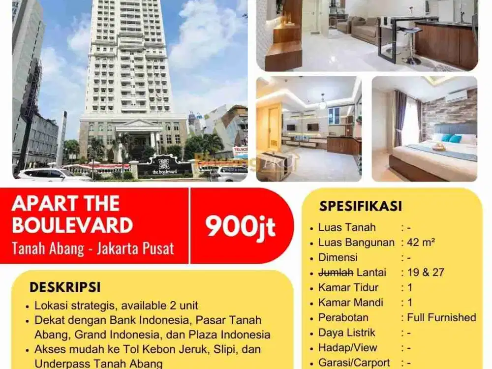 Dijual Apart The Boulevard tanah Abang Jakarta pusat