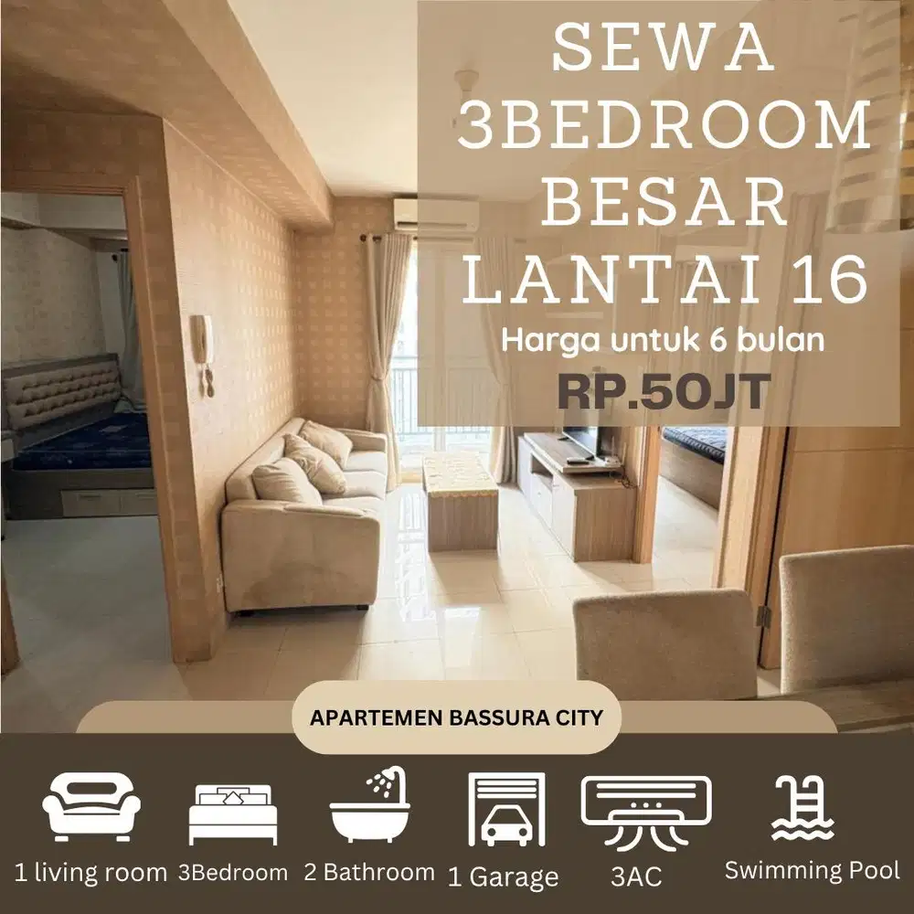 3 kamar besar sewa tower exlusive atas mall apartemen bassura city