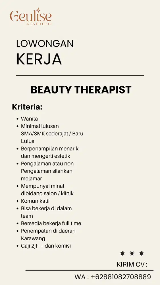 LOWONGAN KERJA BEAUTY THERAPIST