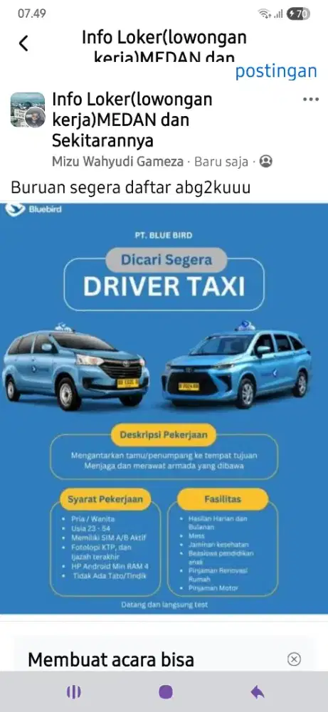 Butuh driver taksi blue bird segera