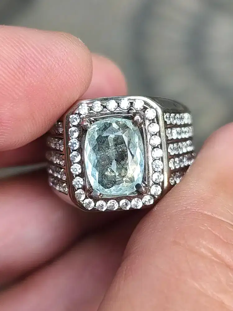 Cincin Batu Aquamarine beryl 2.04 crat ring perak memo MRI