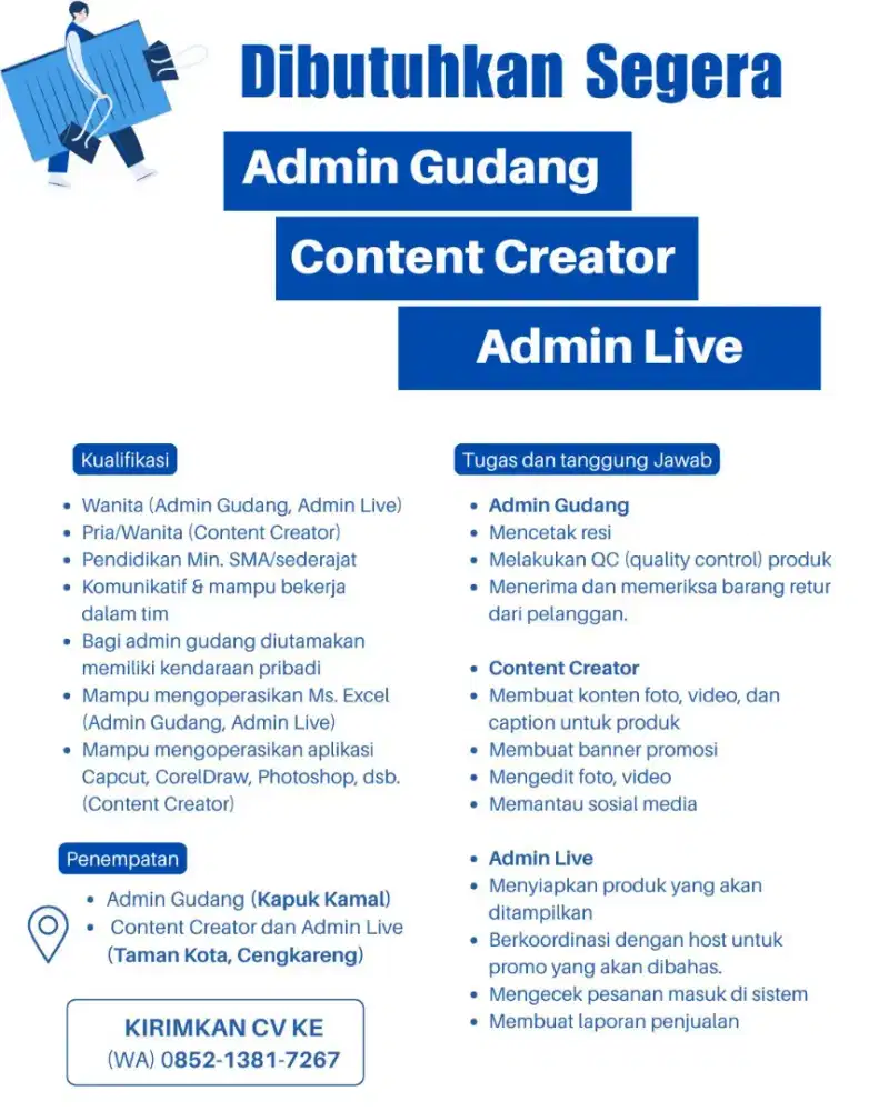 Lowongan Kerja Admin Gudang Admin Live Content Creator