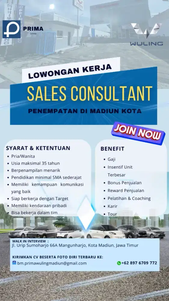 LOWONGAN SALES CONSULTANT MARKETING PRIMA WULING MADIUN JAWA TIMUR