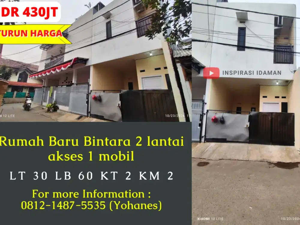 Rumah Baru Bintara 2 lantai 30mtr akses 1 mobil
