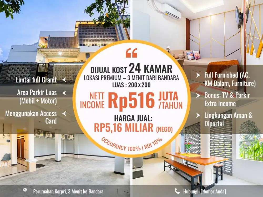 DIjual Cepat BU, Kost 24 Kamar ROI 9-10% per Tahun Full Passive
