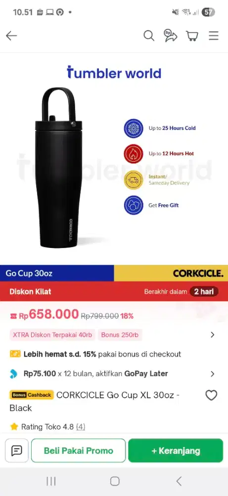 Tumbler Corkcicle Go Cup 30oz - Black