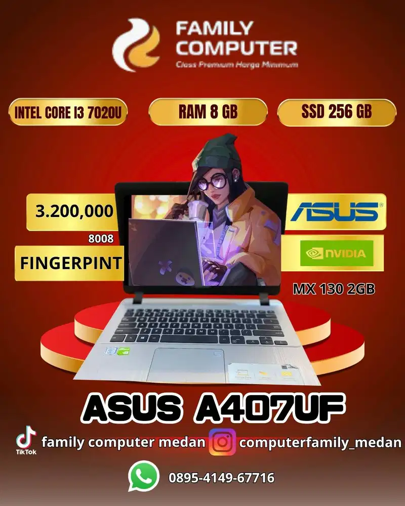 ASUS A407UF|CORE I3 7020U|RAM 8GB|SSD 56GB|FINGERPINT