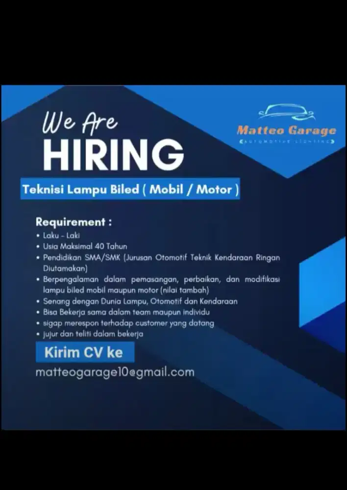 DIBUTUHKAN TEKNISI PEMASANGAN DAN INSTALASI KELISTRIKAN LAMPU BILED