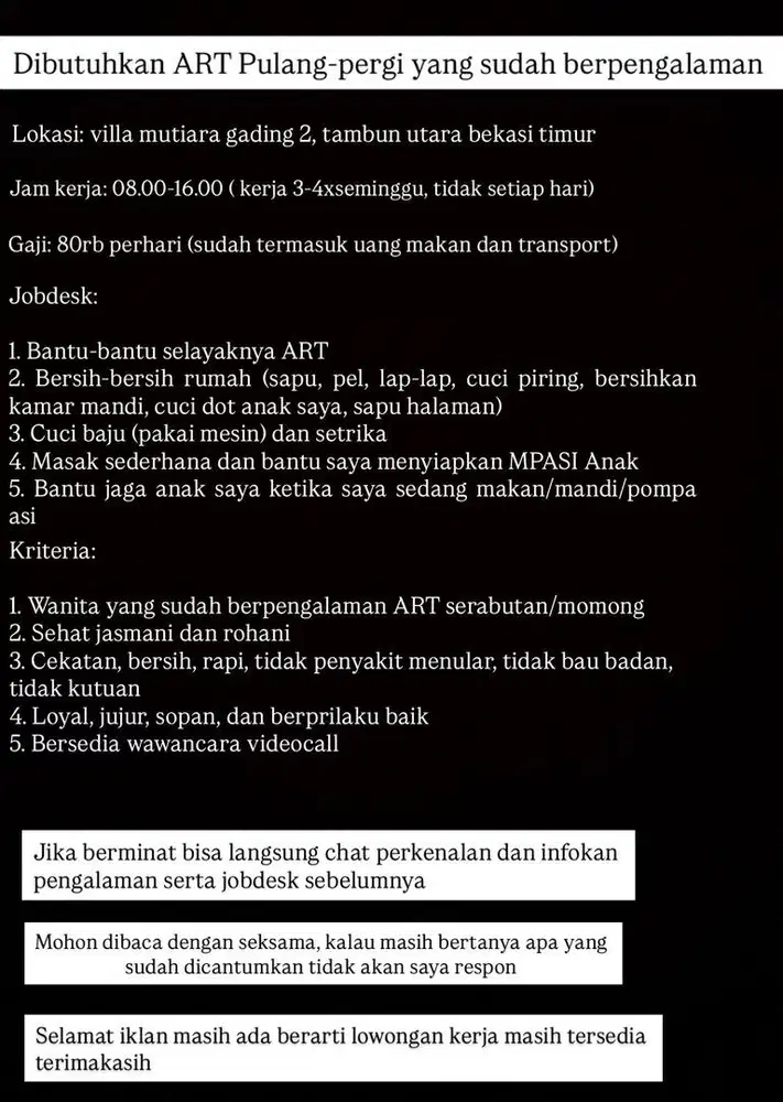 DIBUTUHKAN ART PULANG PERGI BERPENGALAMAN