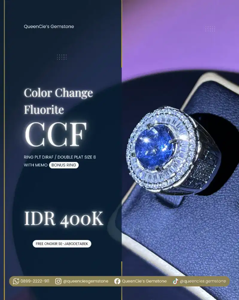 Cincin CCF (Color Change Fluorite) bisa berubah-ubah warna biru & ungu