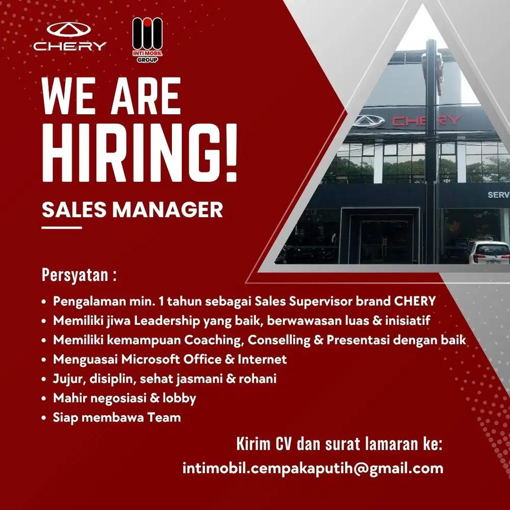 Lowongan Sales Manager SM Dealer Chery