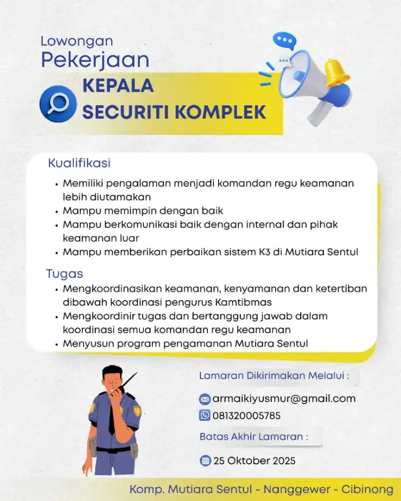 Lowongan Kerja Kepala Sucuriti Komplek
