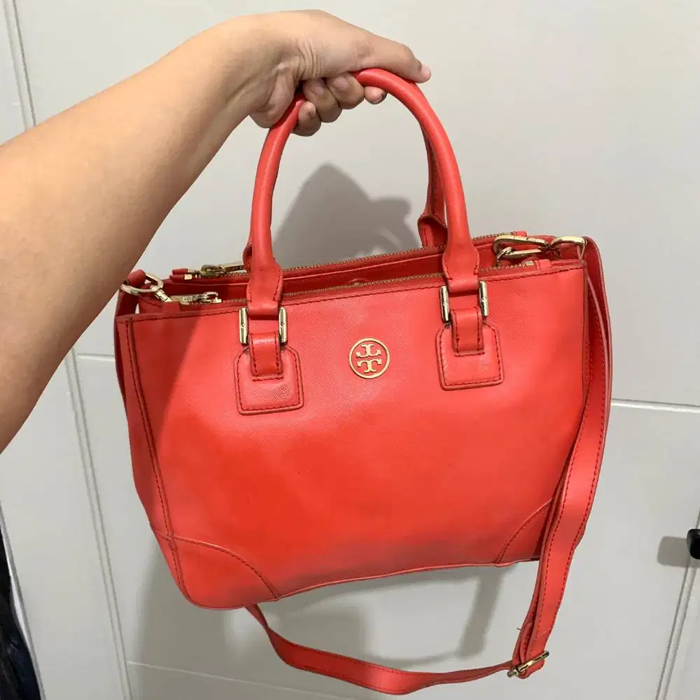 Preloved Tas Tory Burch Robinson Double Zip Satchel Red Authentic