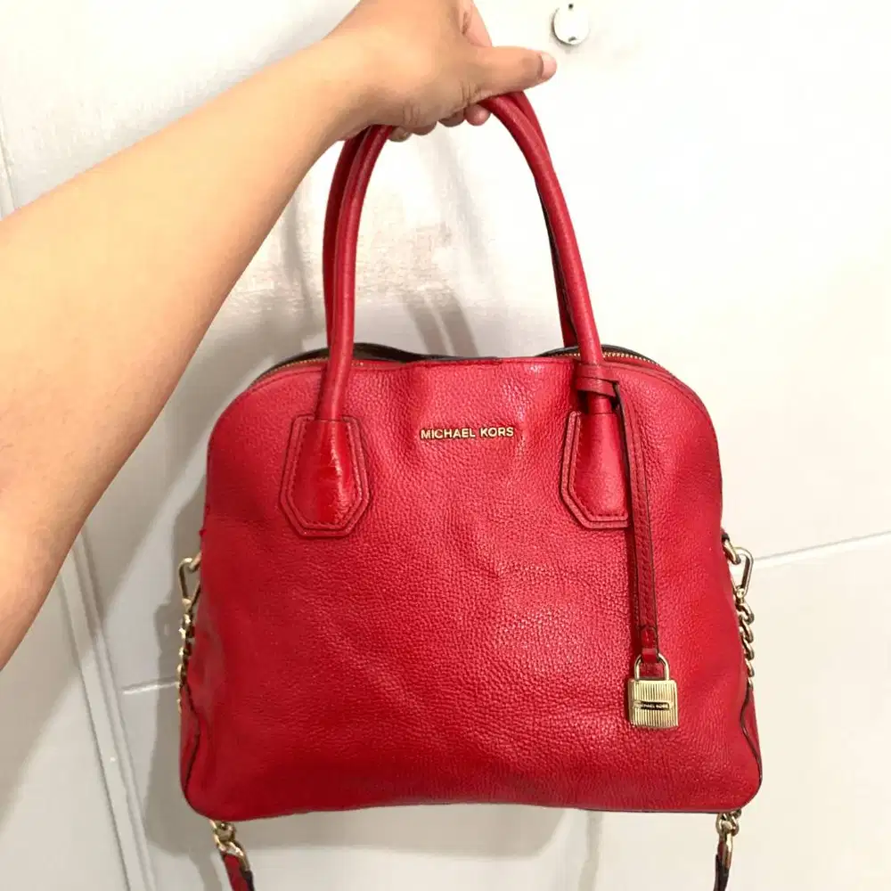 Preloved Tas Michael Kors Studio Mercer Dome Satchel Red Authentic