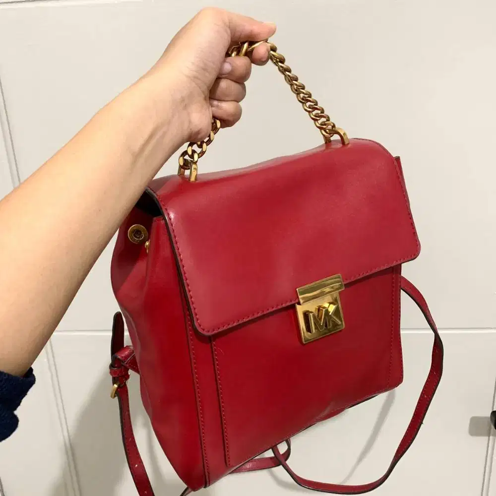 Preloved Tas Michael Kors Mindy Backpack Red Authentic Original