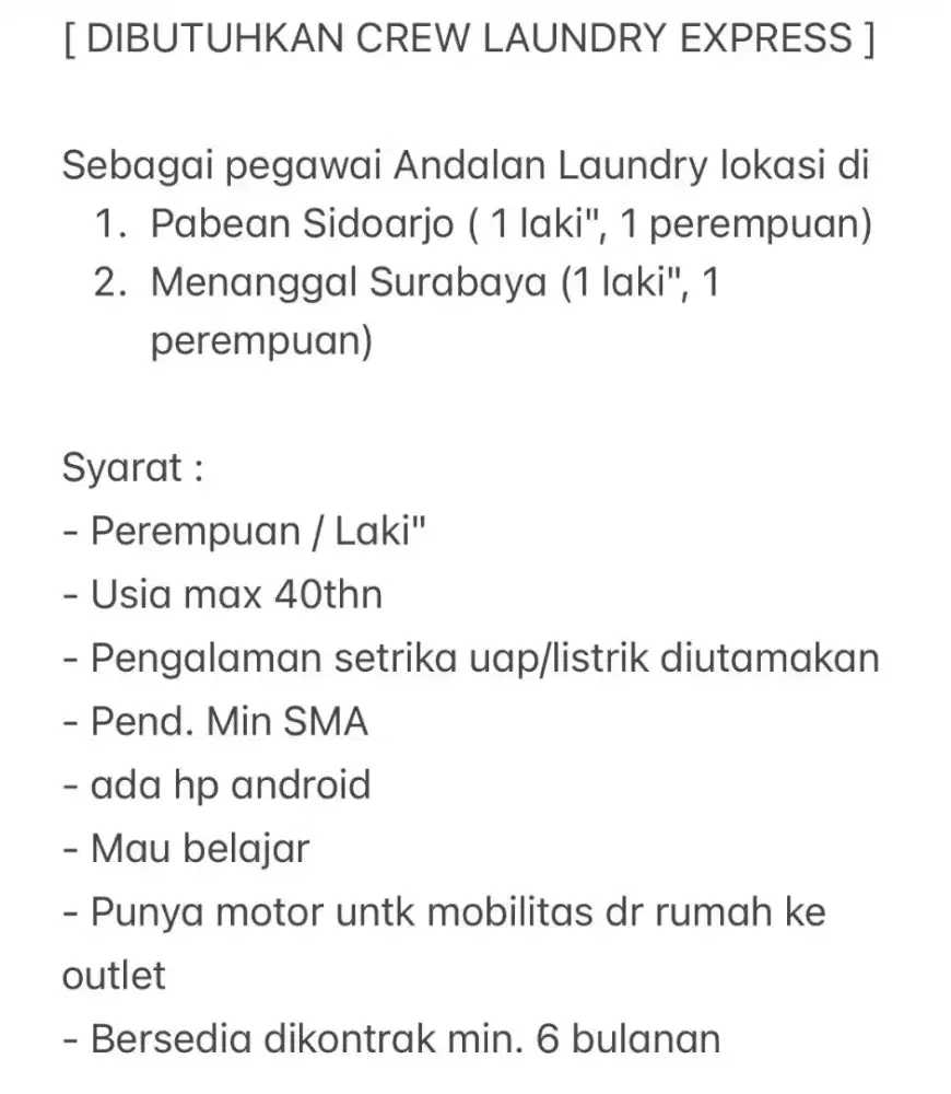 DIBUTUHKAN CREW LAUNDRY EXPRESS