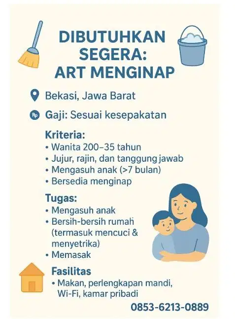 Dibutuhkan asisten rumah tangga menginap