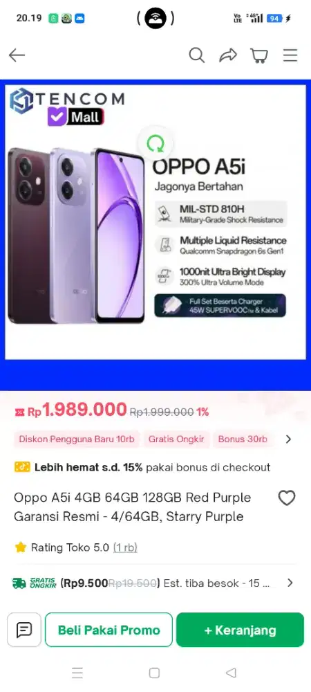Jual HP Oppo A5i
Spesifikasi:
- Jaringan: 4G LTE
ram 4+4=8Gb/128GB