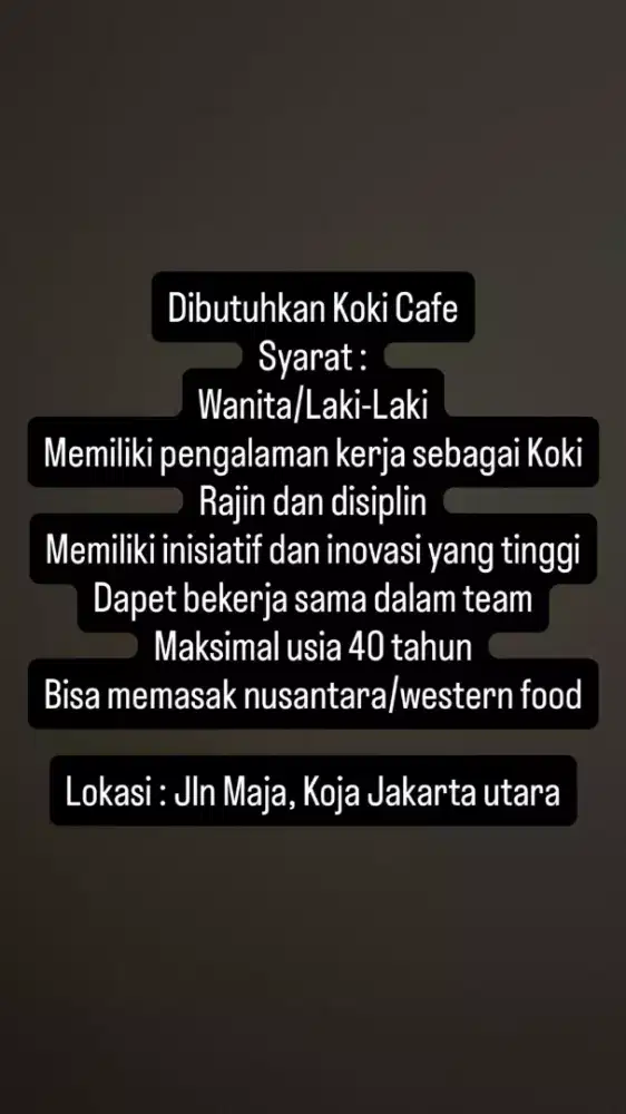 Dibutuhkan segera Koki Cafe