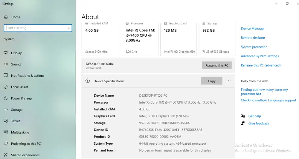 Komputer CPU dell vostro 3668 Intel core 15-7400 gen 7 fullset
