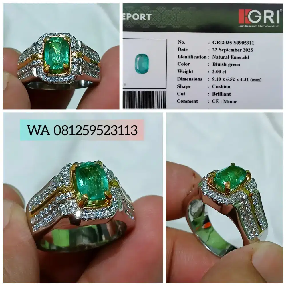 Emerald Beryl / Cincin Jamrud 2cts Top Crystal Silver Ring GRI Lab