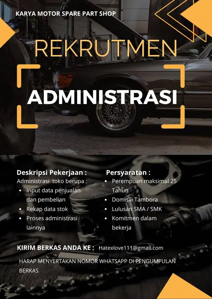 Lowongan Pekerjaan Administrasi Toko Spare Part Mobil