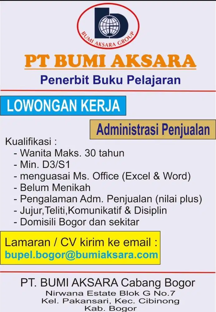 LOWONGAN KERJA Admin Penjualan