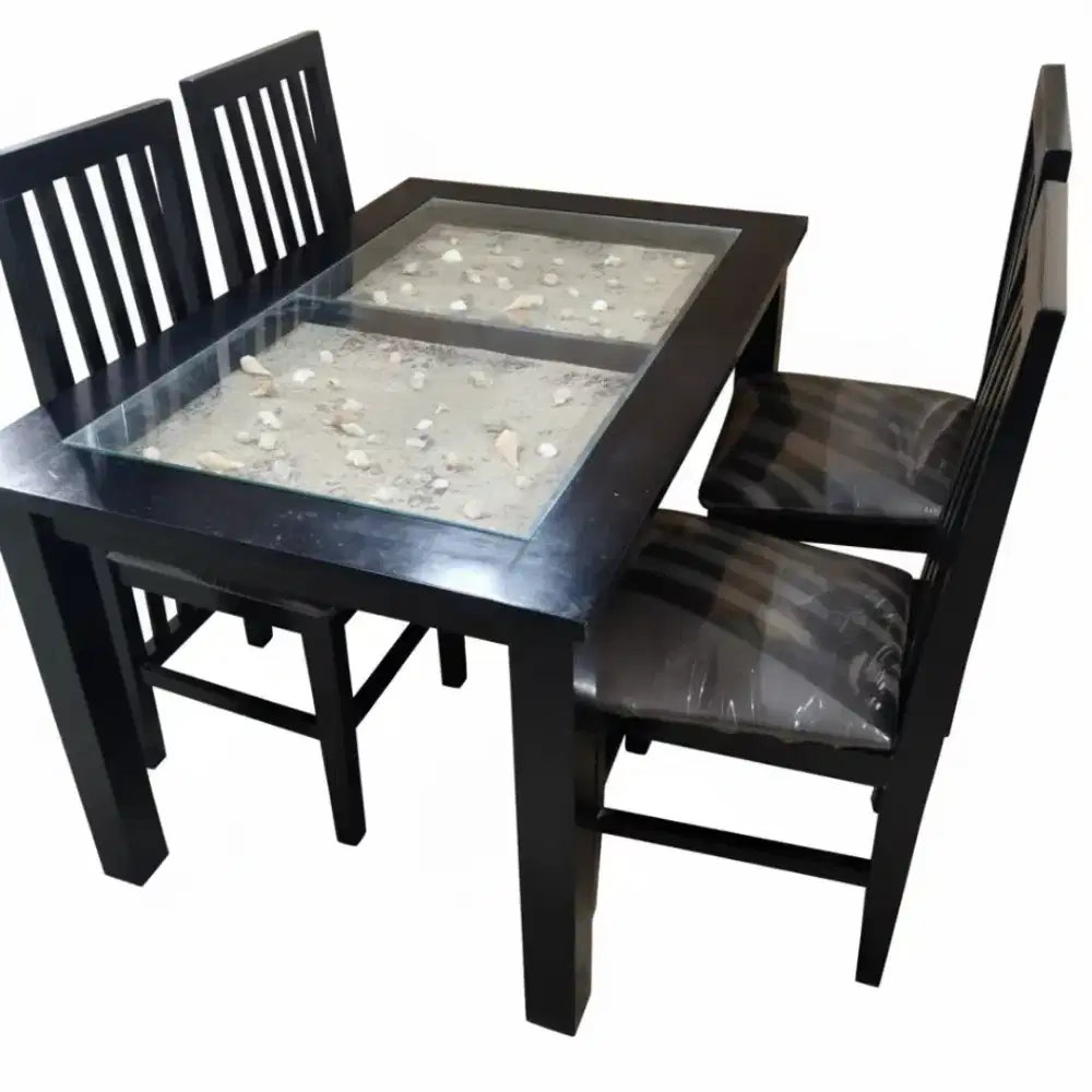 Set Meja Makan Minimalis Kaca isi pasir dan  Kerang - Elegan & Modern