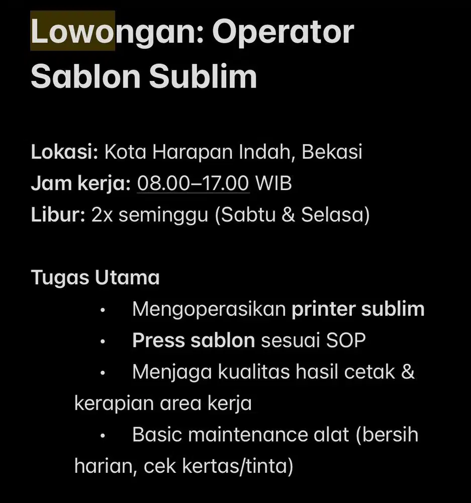 Lowongan Kerja Operator Sablon Sublim
