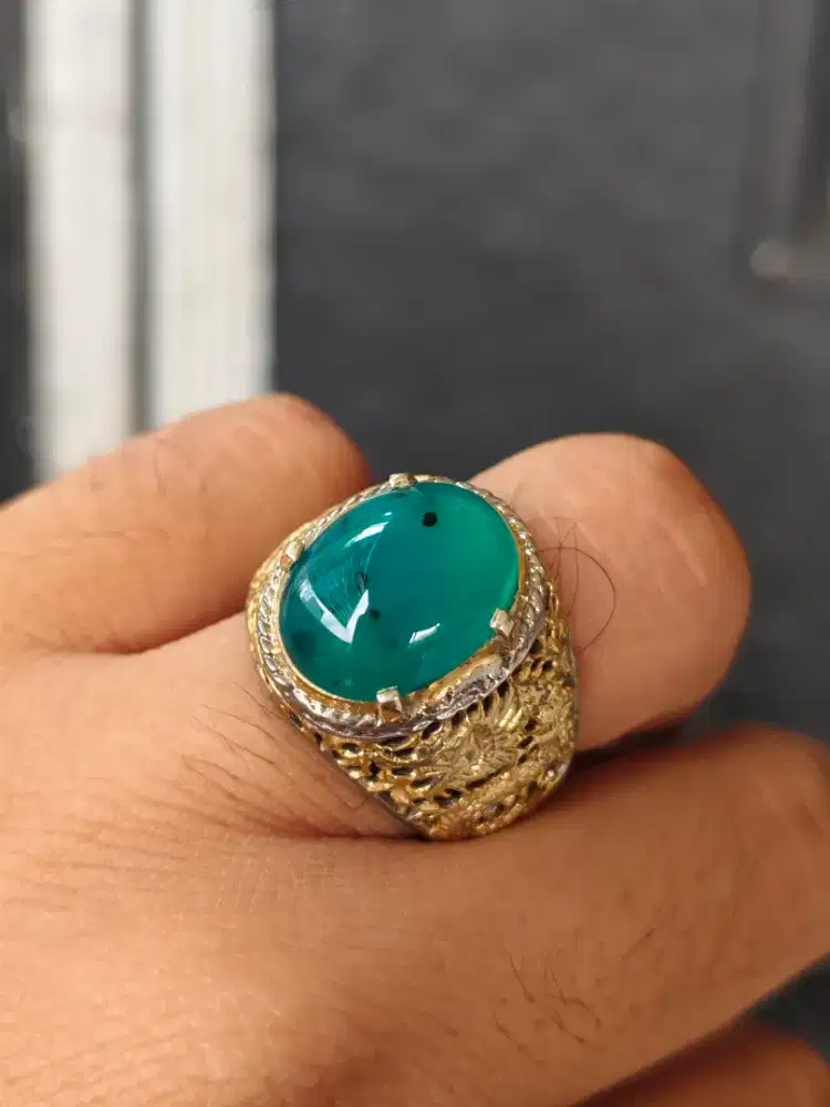 Natural Bacan Doko Kristal Ngaca Ngair Material Coklat Ring Perak