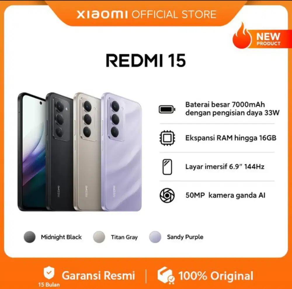 Xiaomi Redmi 15 256/8gb Baterai 7000mAh Garansi Resmi 100% OriginaL