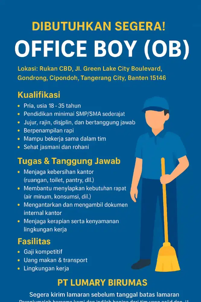 OFFICE BOY - UNTUK DAERAH GREENLAKE CITY