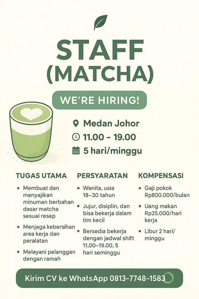 Lowongan kerja loker Staff Barista (Matcha)