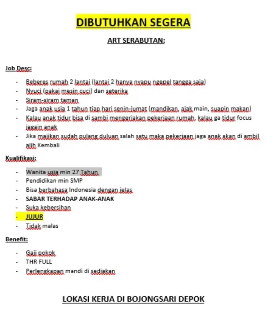 DIBUTUHKAN ART SERABUTAN MENGINAP