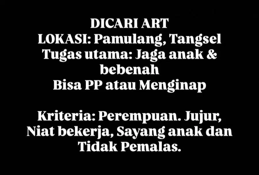 DICARI ART PULANG PERGI ATAU MENGINAP LOKASI BAMBU APUS PAMULANG