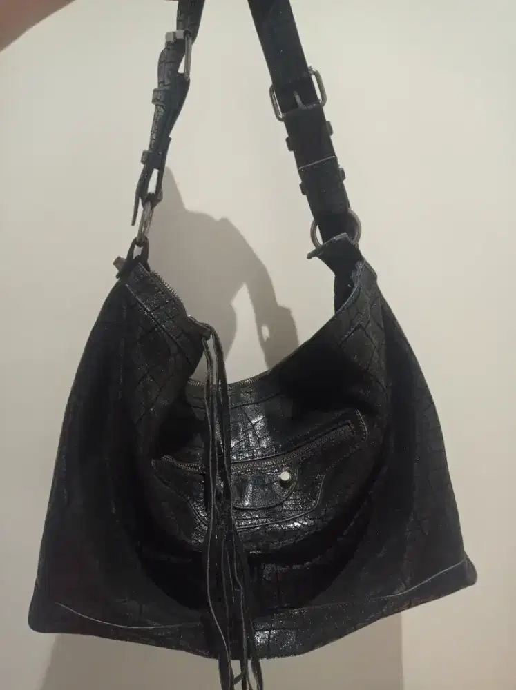 Tas Wanita Marni Croco Embossed Black Leather Shoulder Bag  ex Display