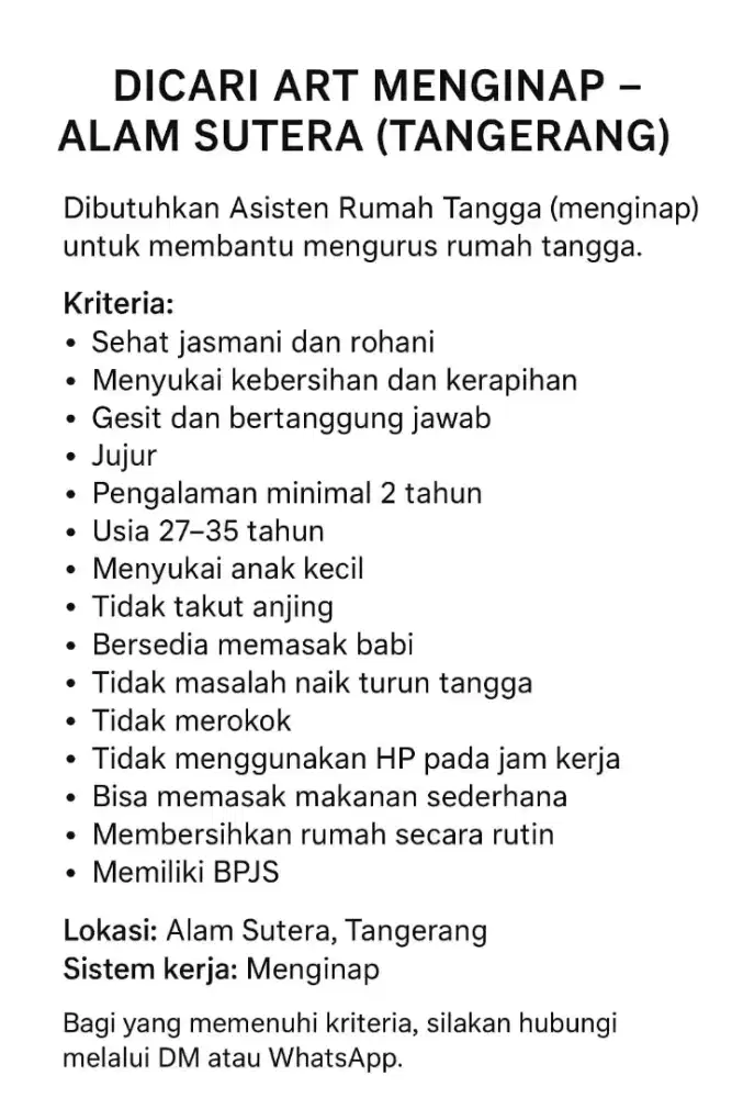 Dibutuhkan ART menginap