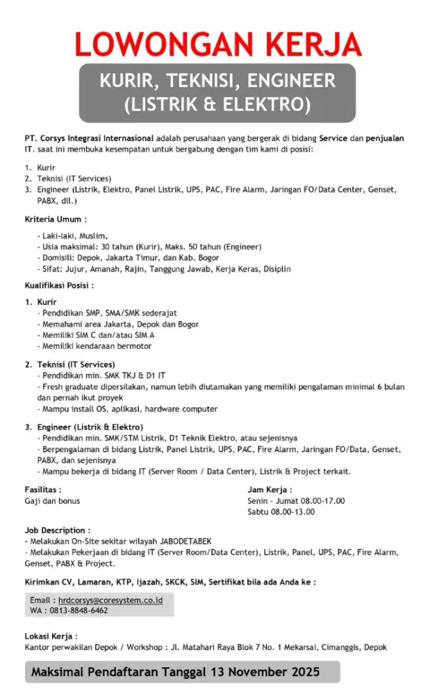 LOWONGAN KERJA KURIR, TEKNISI, ENGINEER (LISTRIK & ELEKTRO)