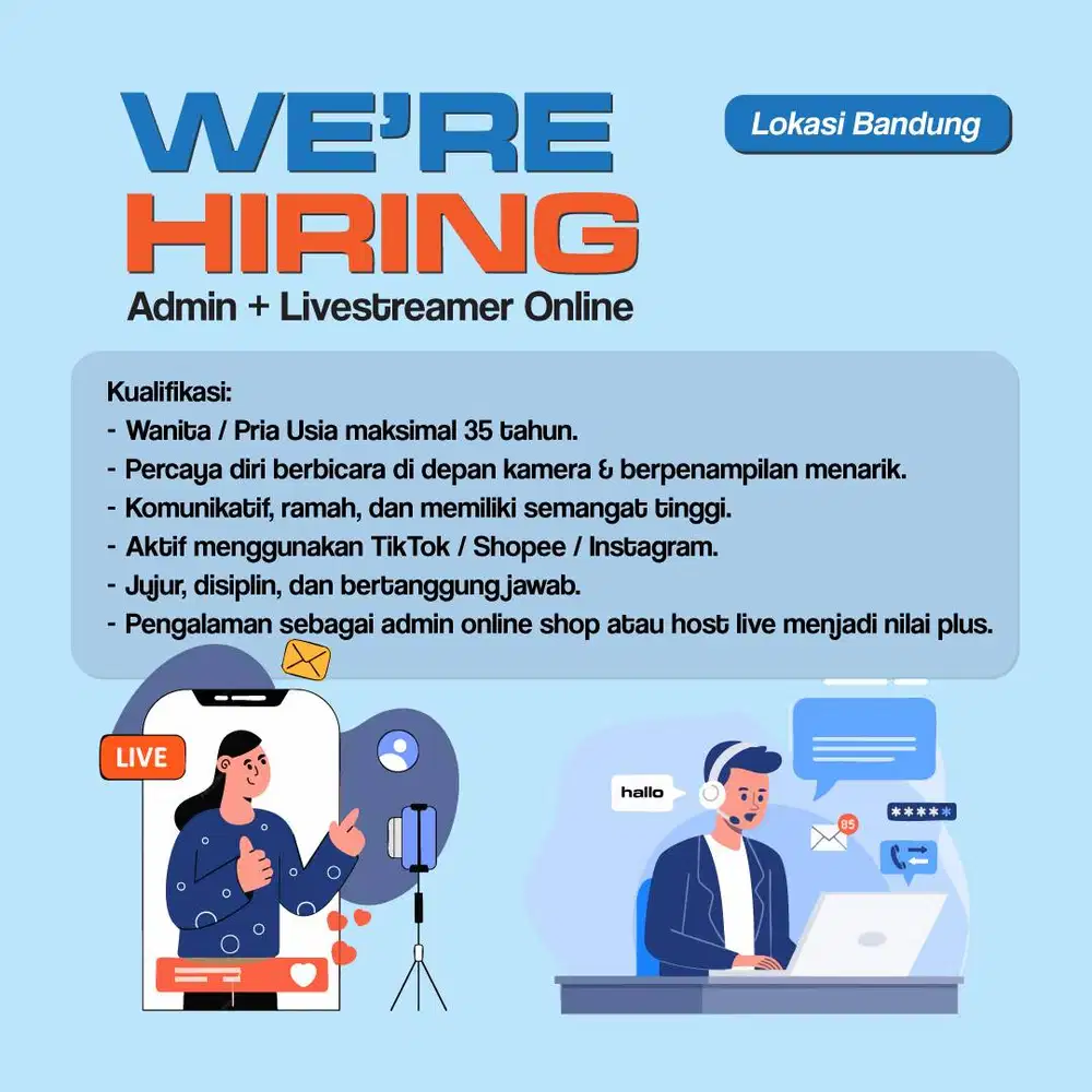 Lowongan Pekerjaan Bandung - Host Livestream + Admin