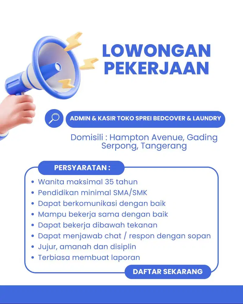 Lowongan Pekerjaan Admin & Kasir Laundry Toko Sprei Bedcover