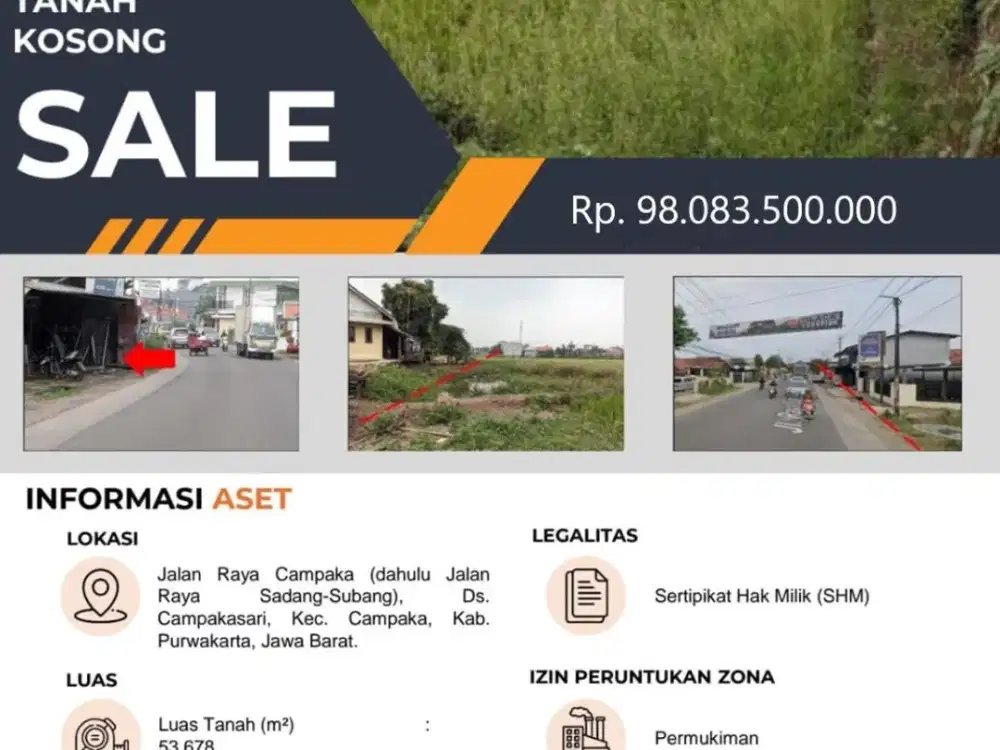 Dijual Tanah Kosong SHM di Jalan Raya Campaka, Purwakarta