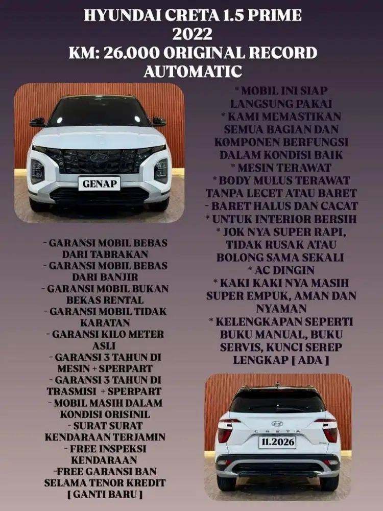 [ KM 26.000 ORIGINAL ] HYUNDAI CRETA PRIME 1.5 AT 2022 MULUS TERAWAT