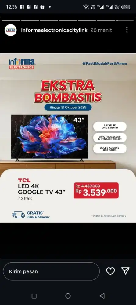Promo Tcl LED 4k Google Tv 43