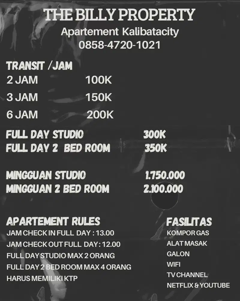 Sewa harian/minguan/bulanan apertemen